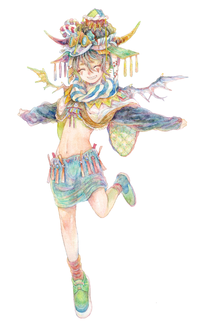 1girl aqua_skirt closed_eyes green_footwear hair_between_eyes hat horns leg_up long_sleeves midriff navel original parted_lips runta shoes short_hair simple_background skirt smile solo traditional_media watercolor_(medium) white_background wings