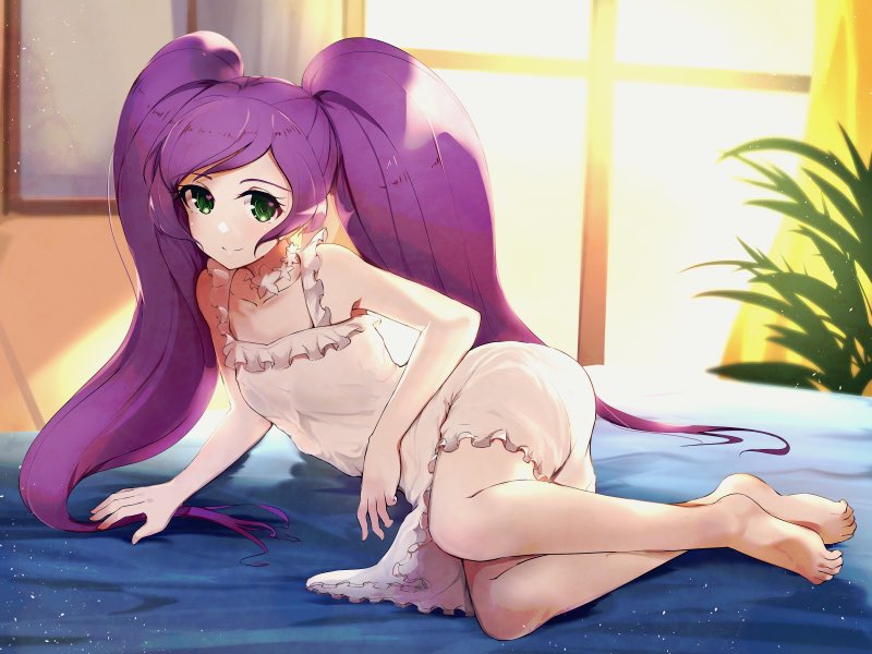 13-gou 1girl barefoot breasts character_request closed_mouth feet grass green_eyes long_hair looking_at_viewer nightgown purple_hair shadow smile solo sunlight window