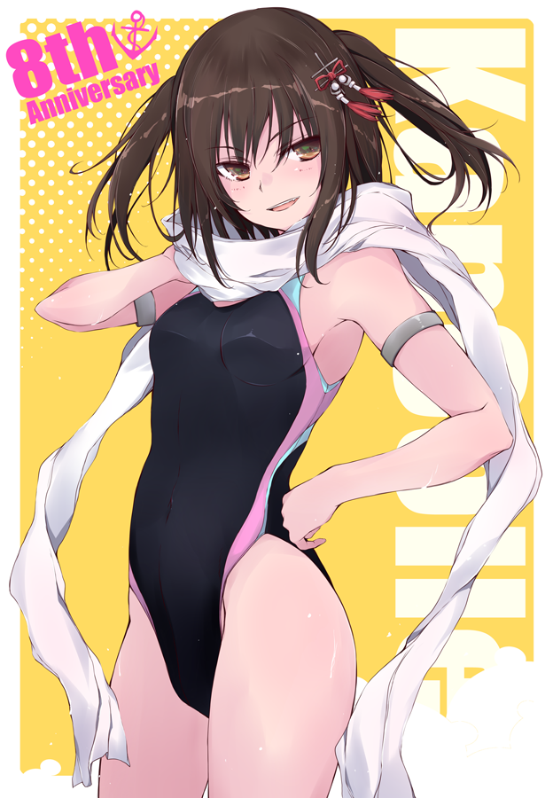 1girl anniversary bare_legs bare_shoulders black_hair black_swimsuit blush brown_eyes copyright_name cowboy_shot eyebrows_visible_through_hair hair_between_eyes kantai_collection one-piece_swimsuit open_mouth scarf sendai_(kancolle) short_hair smile solo swimsuit two_side_up white_scarf yumesato_makura
