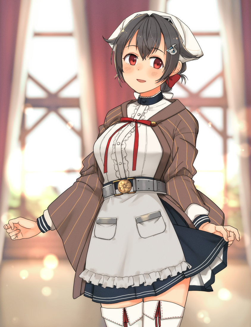 1girl adapted_costume annin_musou belt black_hair black_skirt blush breasts brown_shawl buttons cowboy_shot curtains eyebrows_visible_through_hair hair_between_eyes hair_flaps hair_ornament hairclip jingei_(kancolle) kantai_collection large_breasts long_hair long_sleeves open_mouth pleated_skirt red_eyes shawl skirt smile solo thigh-highs white_legwear