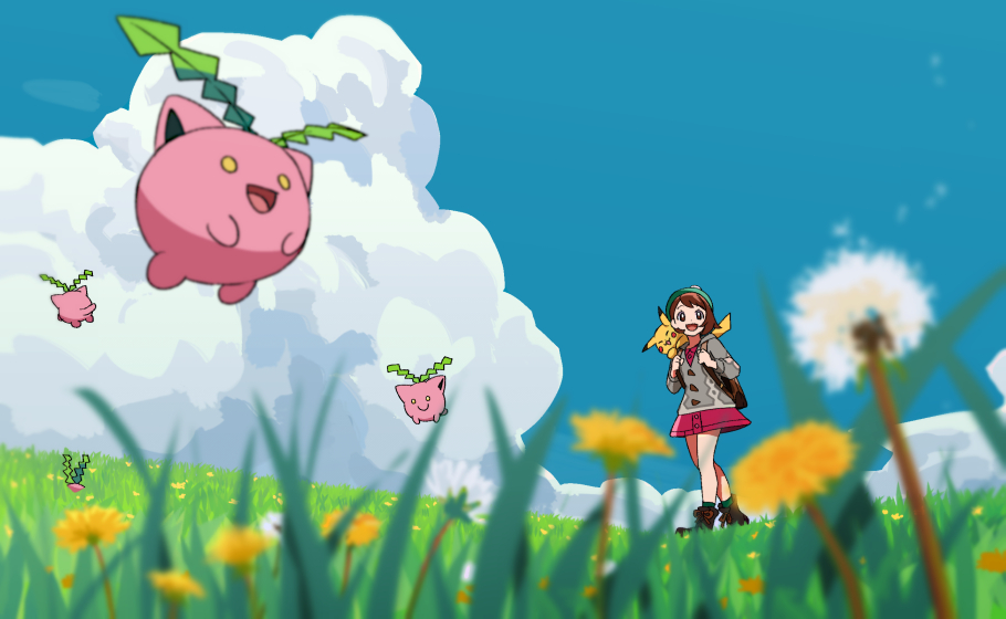 1girl :d backpack bag bangs blurry bob_cut boots brown_bag brown_footwear brown_hair buttons cardigan clouds collared_dress day dress flower from_below gen_1_pokemon gen_2_pokemon gloria_(pokemon) grass green_headwear green_legwear grey_cardigan hat holding_strap hoppip on_shoulder open_mouth outdoors pikachu pink_dress pokemon pokemon_(creature) pokemon_(game) pokemon_on_shoulder pokemon_swsh short_hair sky smile socks tam_o'_shanter tongue yoko.u