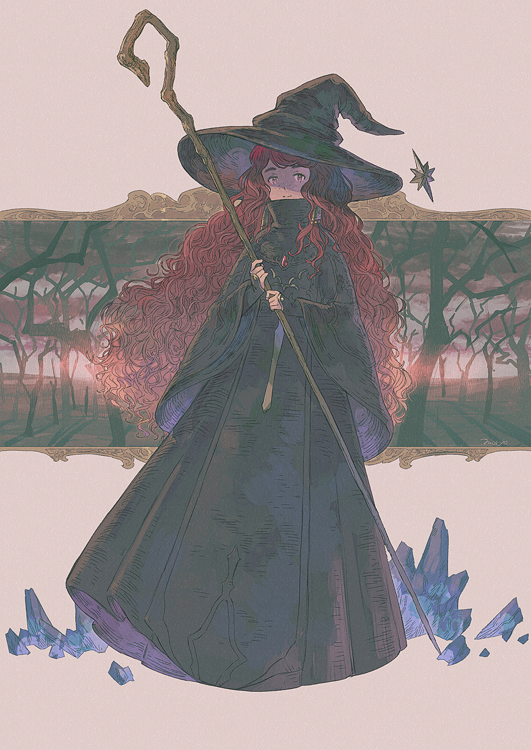 1girl bangs black_dress black_headwear crystal curly_hair dress earrings freckles full_body hat highres holding holding_staff jewelry long_hair long_sleeves moryo original redhead shadow solo staff standing very_long_hair wide_sleeves witch_hat