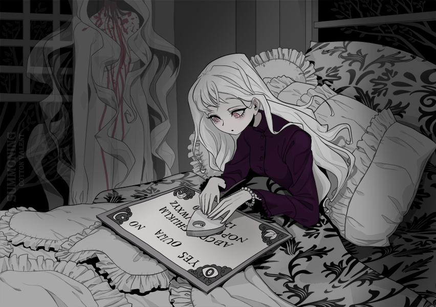 1girl black_shirt bracelet frilled_pillow frills ghost greyscale indoors jewelry long_hair long_sleeves monochrome original ouija pillow pink_eyes shirt sitting solo spot_color under_covers upper_body white_hair window woraya_chotikul