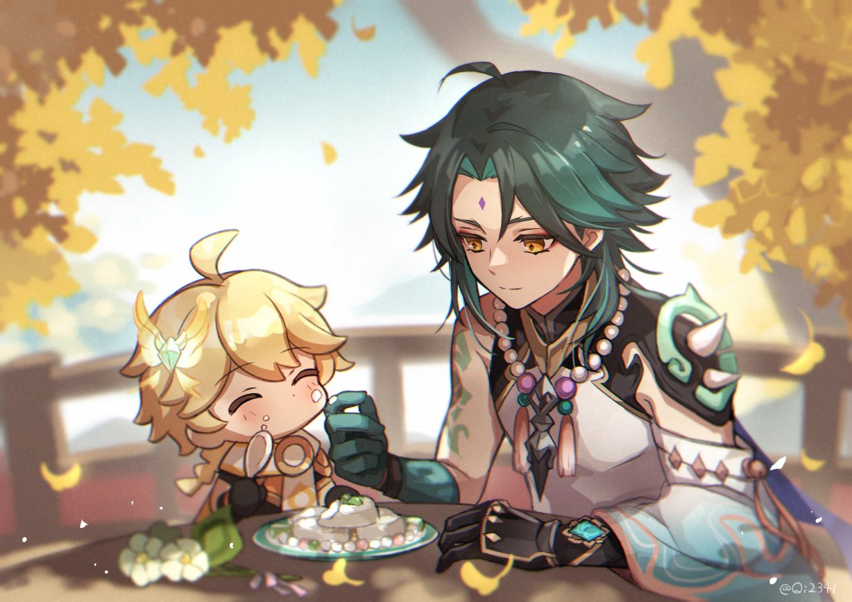 2boys aether_(genshin_impact) ahoge aqua_hair armor asymmetrical_clothes bangs bead_necklace beads black_hair blonde_hair blurry blurry_background braid chibi closed_mouth day eyebrows_visible_through_hair facial_mark flower food food_on_face forehead_mark genshin_impact gloves holding holding_spoon jewelry leaf long_hair multicolored_hair multiple_boys necklace no_mouth outdoors plate qi2341 shoulder_armor single_braid spikes spoon table tassel twitter_username vision_(genshin_impact) white_flower xiao_(genshin_impact) yellow_eyes