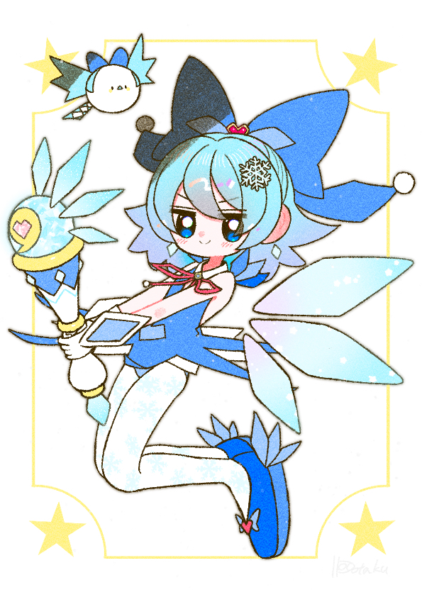 (9) 1girl bangs blue_dress blue_eyes blue_footwear blue_hair bow card_(medium) cirno closed_mouth dotaku_(wran8845) dress earrings fairy film_grain footwear_ornament gloves hair_bow hair_ornament heart holding holding_wand ice ice_wings jewelry looking_at_viewer magical_girl red_neckwear short_hair sleeveless smile snowflake_hair_ornament snowflake_print t_t touhou wand white_gloves white_legwear wings yume_kawaii