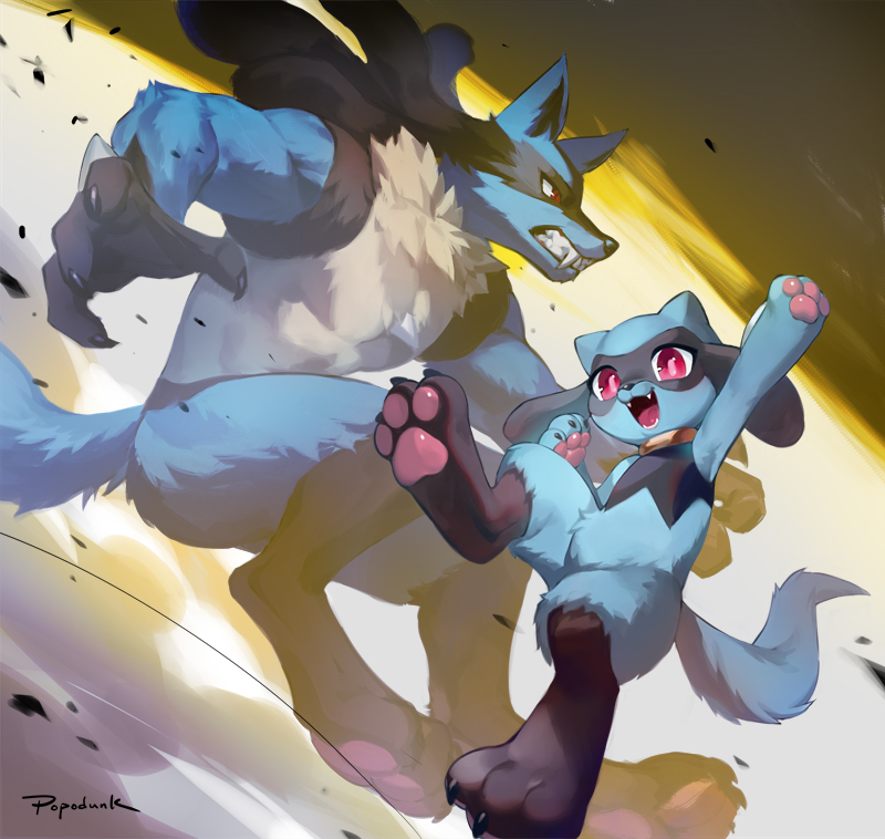 arm_up blue_fur claws clenched_teeth commentary fangs furry gen_4_pokemon lucario open_mouth pokemon pokemon_(creature) popodunk red_eyes riolu signature smile teeth toes tongue yellow_fur