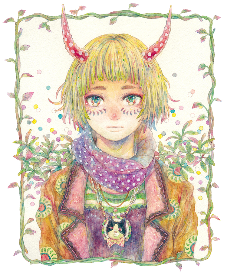 1girl blonde_hair chain chain_necklace green_eyes horns jewelry leaf looking_at_viewer multicolored multicolored_eyes necklace original plant red_eyes runta short_hair solo traditional_media upper_body vines watercolor_(medium) yellow_eyes