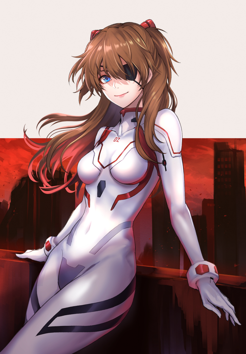 1girl bodysuit breasts brown_hair covered_navel evangelion:_3.0+1.0_thrice_upon_a_time eyepatch hairpods highres interface_headset long_hair neon_genesis_evangelion pilot_suit plugsuit re_(re_09) rebuild_of_evangelion shikinami_asuka_langley small_breasts solo souryuu_asuka_langley two_side_up white_bodysuit