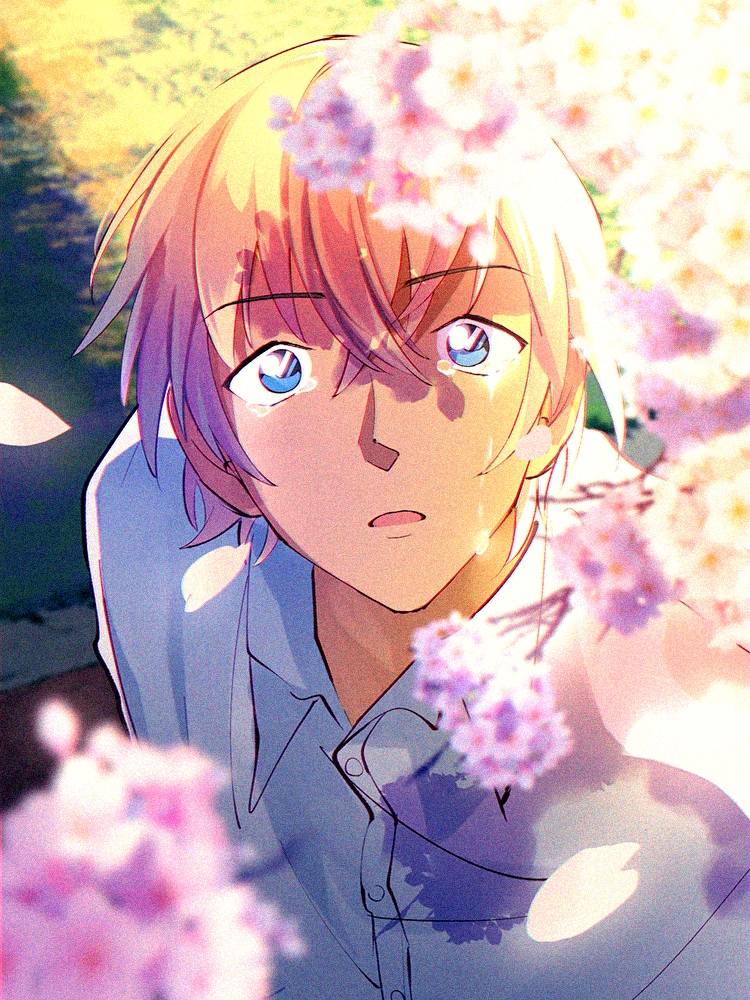 1boy amuro_tooru bangs blonde_hair blue_eyes blurry blurry_foreground buttons cherry_blossoms collared_shirt commentary_request crying crying_with_eyes_open eyebrows_visible_through_hair falling_petals hair_between_eyes looking_at_viewer looking_up male_focus maruko_11 meitantei_conan official_style outdoors parted_lips petals shirt short_hair solo tears upper_body white_shirt