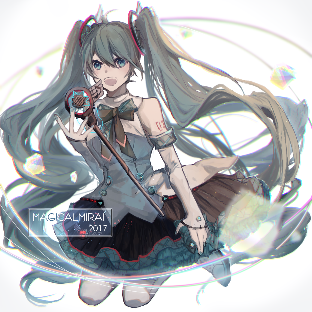 1girl 2017 aqua_eyes aqua_hair bare_shoulders black_ribbon black_skirt commentary copyright_name eighth_note elbow_gloves gloves hair_ornament hatsune_miku holding holding_wand layered_skirt long_hair looking_at_viewer magical_mirai_(vocaloid) microphone_wand musical_note musical_note_print neck_ribbon nz_(nizu) open_mouth ribbon shirt shoulder_tattoo skirt sleeveless sleeveless_shirt smile solo tattoo twintails very_long_hair vocaloid wand white_background white_gloves white_legwear white_shirt