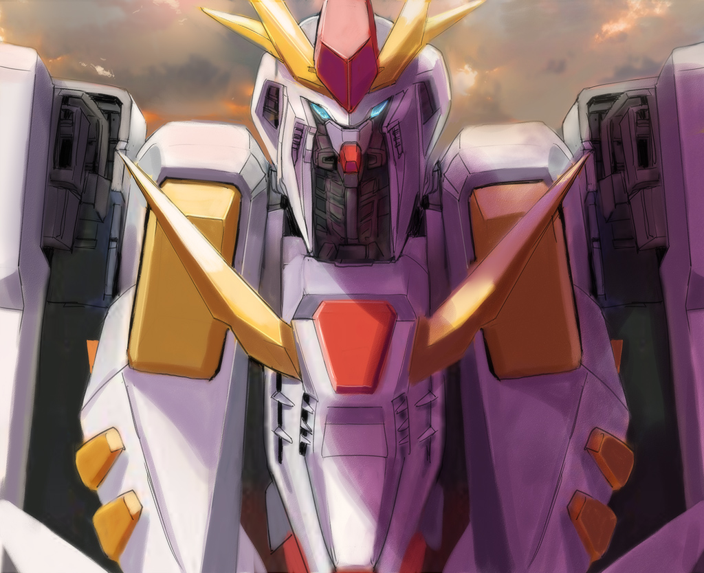 armor blue_eyes clouds cloudy_sky commentary_request gacha-m gundam gundam_hathaway's_flash looking_at_viewer mecha no_humans science_fiction sky solo upper_body v-fin xi_gundam