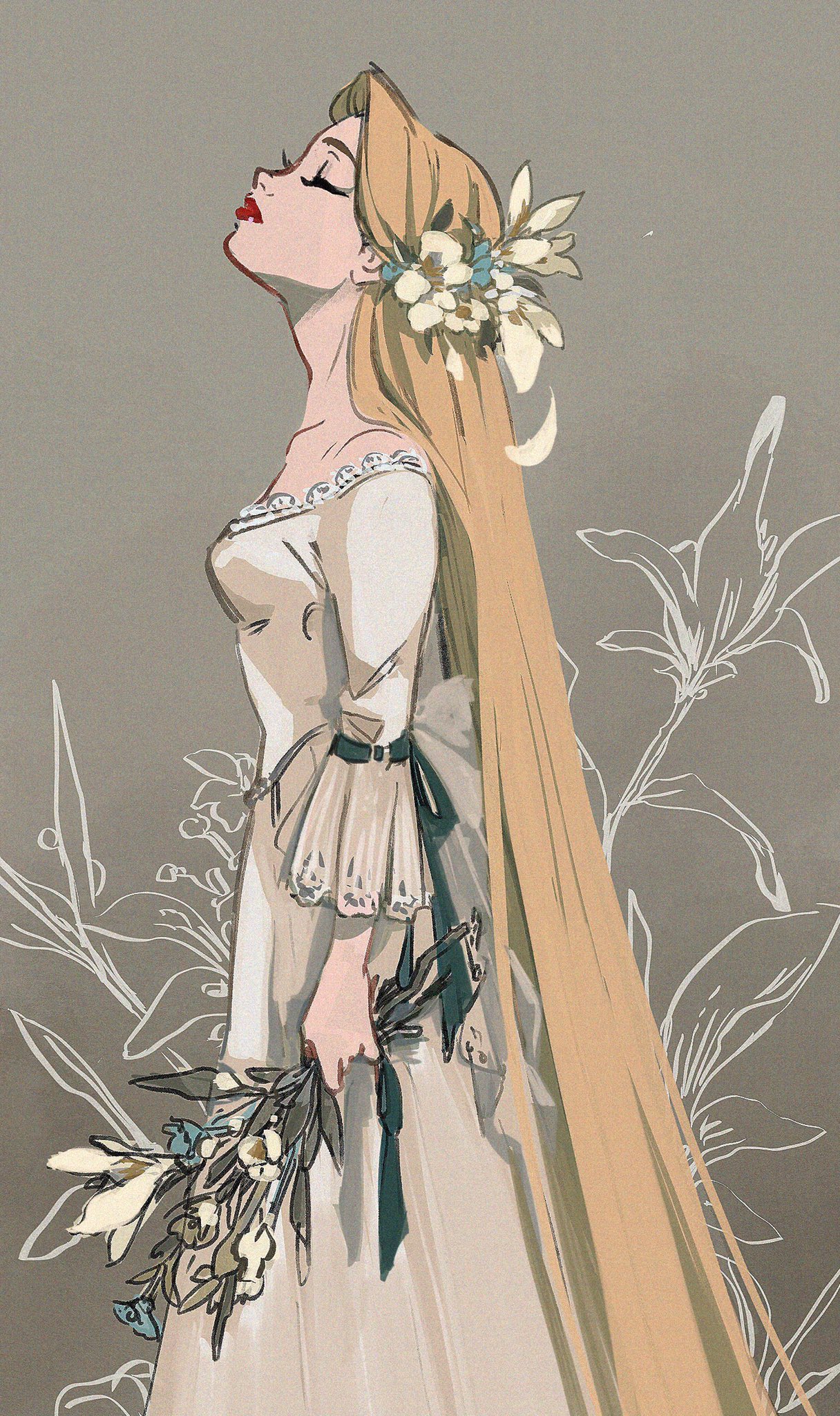 1girl absurdly_long_hair alternate_costume arm_at_side back_bow beige_background blonde_hair bouquet bow breasts closed_eyes collarbone dress expressionless eyelashes feet_out_of_frame floral_background flower frilled_sleeves frills from_side gori_matsu green_ribbon hair_flower hair_ornament head_back highres holding holding_bouquet lace lace-trimmed_sleeves lace_trim lips long_dress long_hair long_sleeves petals profile rapunzel_(disney) red_lips ribbon sideboob simple_background small_breasts solo standing straight_hair tangled very_long_hair white_dress white_flower