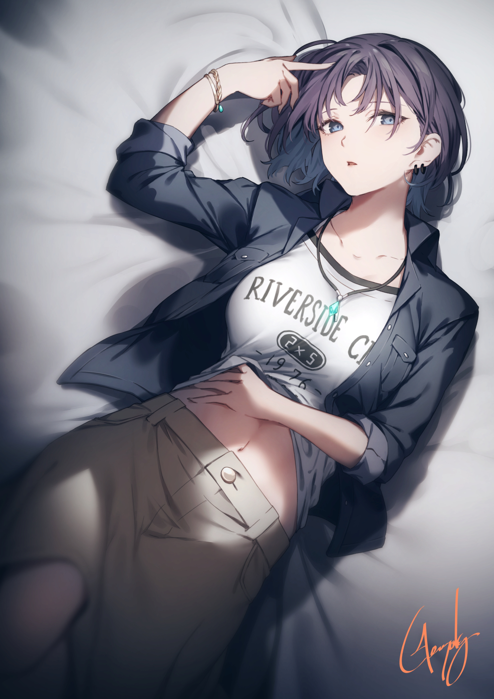 1girl asakura_tooru bangs bed_sheet black_hair black_jacket blue_eyes brown_skirt clothes_writing collarbone commentary_request ear_piercing genyaky hand_on_own_stomach highres idolmaster idolmaster_shiny_colors jacket jewelry lifted_by_self long_sleeves looking_at_viewer lying midriff_peek navel on_back open_clothes open_jacket parted_lips pendant piercing shirt shirt_lift short_hair signature skirt sleeves_rolled_up solo stomach white_shirt wristband