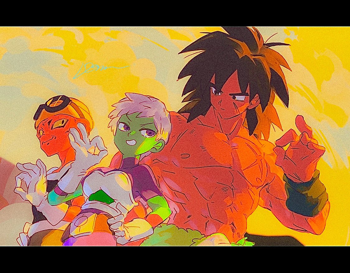 1girl 2boys abs armor backlighting beanie belt black_belt black_eyes black_hair black_wristband bodysuit breasts broly_(dragon_ball_super) cheelai clenched_teeth closed_mouth clouds cloudy_sky colored_sclera colored_skin commentary day domu_(hamadura) dragon_ball dragon_ball_super dragon_ball_super_broly expressionless facing_viewer gloves goggles goggles_on_head green_skin grey_hair grin hand_on_hip hand_up hat lemo_(dragon_ball) letterboxed light_smile lineup looking_at_another looking_back looking_down medium_breasts medium_hair multiple_boys muscular muscular_male nipples ok_sign orange_skin outdoors pectorals purple_bodysuit scar scar_on_cheek scar_on_chest scar_on_face shirtless short_hair signature sky smile spiky_hair sunlight symbol_commentary teeth tsurime v-shaped_eyebrows very_short_hair violet_eyes white_gloves wristband yellow_headwear yellow_sclera yellow_sky