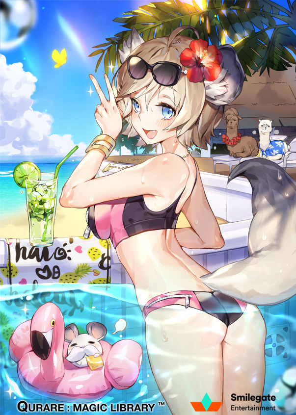 1girl ahoge alpaca animal_ears ass back bare_shoulders beach bikini bird blonde_hair blue_eyes blush breasts bug butterfly chair chinchilla_(animal) chinchilla_ears chinchilla_tail clouds cloudy_sky company_name copyright_name cowboy_shot diffraction_spikes drink eyewear_on_head facial_hair fang flamingo floating flower food from_behind fruit glass hair_between_eyes hawaiian_shirt hibiscus ice ice_cube impossible_clothes impossible_swimsuit inflatable_toy insect jewelry large_breasts lei lens_flare lime_slice looking_at_viewer looking_back lounge_chair lounging mustache nape necklace ocean official_art open_mouth palm_tree partially_submerged pineapple pool poolside qurare_magic_library shirt short_hair sigh sitting sky smile solo_focus sports_bikini sunglasses swimsuit swimwear tail thighs tree two-tone_bikini v water wet whoisshe wrist_cuffs zipper zipper_pull_tab