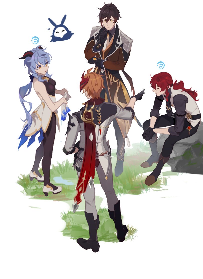 3boys abyss_mage bangs black_bodysuit black_gloves black_pants blue_hair bodysuit boots breasts brown_eyes closed_eyes diluc_ragnvindr ganyu_(genshin_impact) genshin_impact gloves grass hair_between_eyes hand_on_hip hands_together horns jacket jewelry k_young03 long_hair mask mask_on_head multiple_boys orange_hair pants ponytail red_scarf redhead rock scarf simple_background single_earring sitting standing tartaglia_(genshin_impact) vision_(genshin_impact) wet wet_clothes white_background wringing_clothes yellow_eyes zhongli_(genshin_impact)