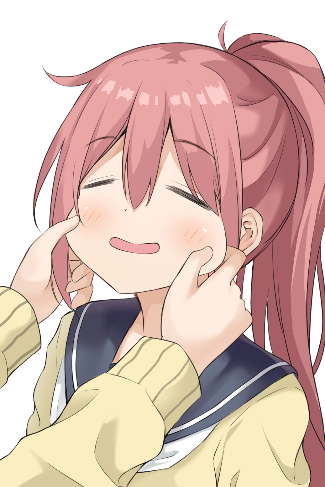 arms_up bangs blush cheek_pinching cheek_pull closed_eyes eyebrows_visible_through_hair hair_between_eyes hair_intakes hands_up high_ponytail highres kagamihara_nadeshiko keito4f long_hair long_sleeves looking_up neckerchief open_mouth pinching pink_hair ponytail school_uniform serafuku simple_background smile solo_focus white_background yurucamp