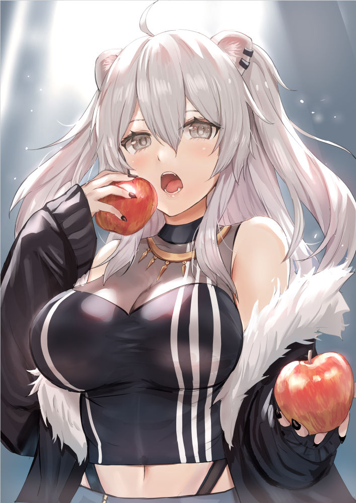 1girl ahoge animal_ears apple bangs bare_shoulders black_jacket black_nails black_shirt blush breasts commentary fangs food fruit fur-trimmed_jacket fur_trim grey_eyes hair_between_eyes hand_up holding holding_food holding_fruit hololive jacket jewelry large_breasts lion_ears long_hair long_sleeves looking_at_viewer midriff nail_polish navel necklace off_shoulder open_mouth qian_wu_atai shirt shishiro_botan silver_hair sleeveless sleeveless_shirt solo two_side_up upper_body