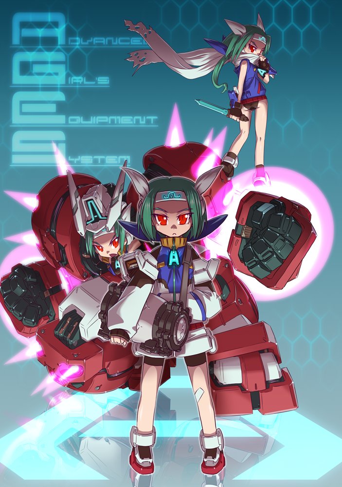 3girls bandaid bandaid_on_leg breasts clenched_hands frown green_hair gundam gundam_age gundam_age-1 gundam_age-1_spallow gundam_age-1_titus headband holding holding_knife king_of_unlucky knife looking_at_viewer mecha_musume multiple_girls open_mouth personification red_eyes scarf small_breasts v-shaped_eyebrows white_headband white_scarf