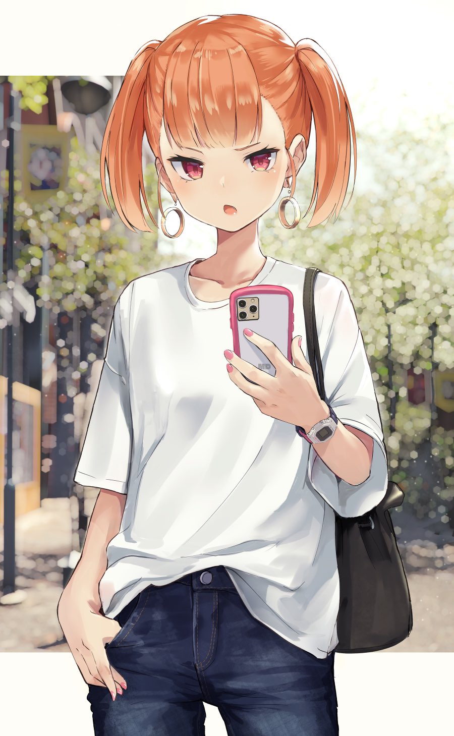 1girl bag bangs blush breasts denim earrings highres isegawa_yasutaka jeans jewelry looking_at_viewer open_mouth orange_hair original pants pink_nails shirt small_breasts smile solo t-shirt twintails violet_eyes watch watch