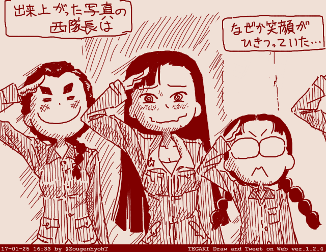 black_hair chi-hatan_military_uniform fukuda_haru girls_und_panzer glasses long_hair long_sleeves monochrome nishi_kinuyo oekaki red_theme rosmino salute smile tamada_tamaki tegaki_draw_and_tweet translation_request