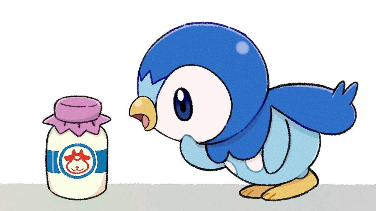 bent_over blue_eyes bottle commentary_request creature from_side gen_4_pokemon milk_bottle moomoo_milk no_humans open_mouth piplup pokemon pokemon_(creature) prj_pochama solo starter_pokemon tongue