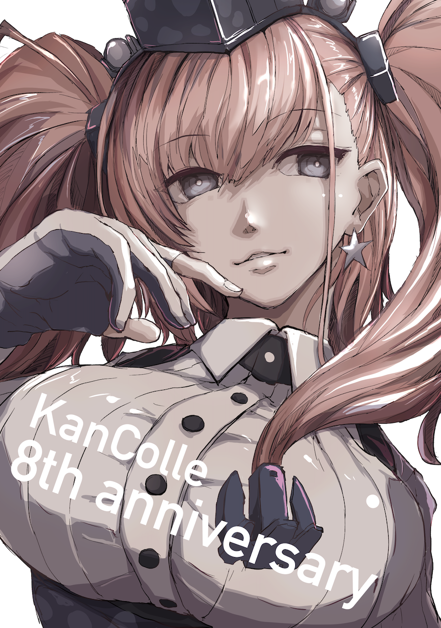 1girl anniversary atlanta_(kancolle) black_headwear boushi-ya breasts brown_hair buttons collared_shirt earrings eyebrows_visible_through_hair garrison_cap gloves grey_eyes hair_between_eyes hat highres jewelry kantai_collection large_breasts long_hair long_sleeves multicolored multicolored_clothes multicolored_gloves partially_fingerless_gloves shirt single_earring smile solo star_(symbol) star_earrings two_side_up upper_body white_shirt