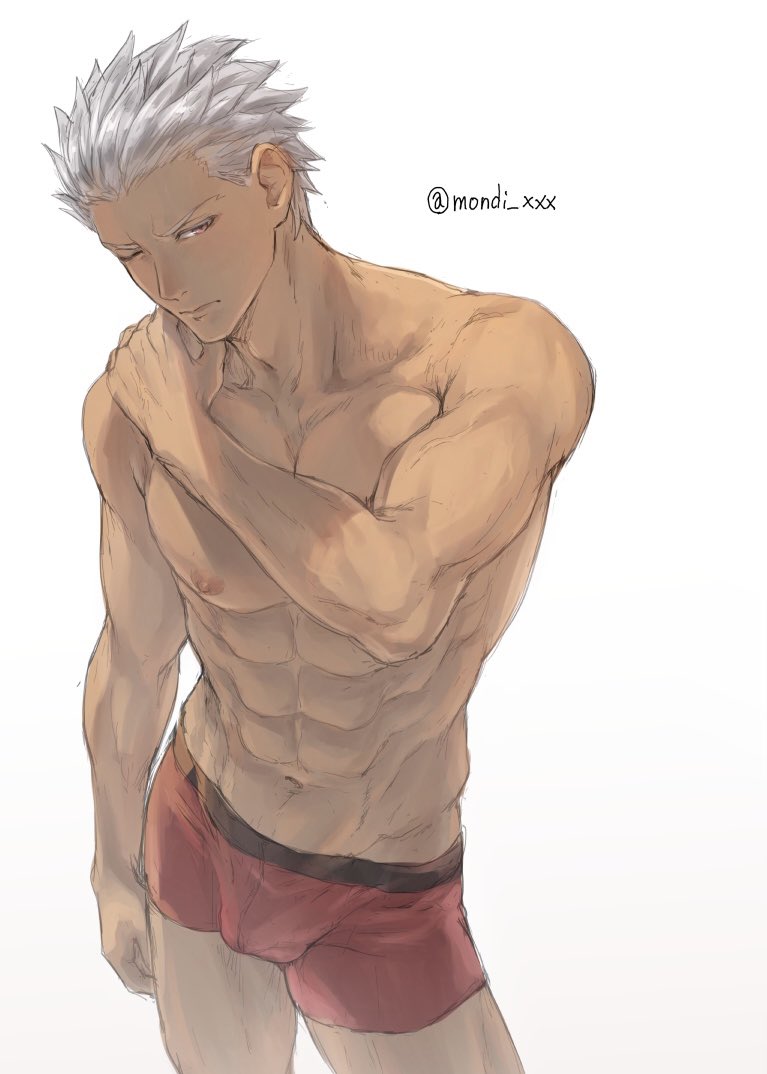1boy abs archer_(fate) bangs bulge closed_mouth collarbone commentary_request cowboy_shot dark_skin dark_skinned_male fate/stay_night fate_(series) grey_hair half-closed_eye hand_on_own_shoulder looking_at_viewer male_focus male_underwear mondi_hl navel one_eye_closed red_male_underwear shiny shiny_hair shirtless simple_background solo toned toned_male twitter_username underwear white_background