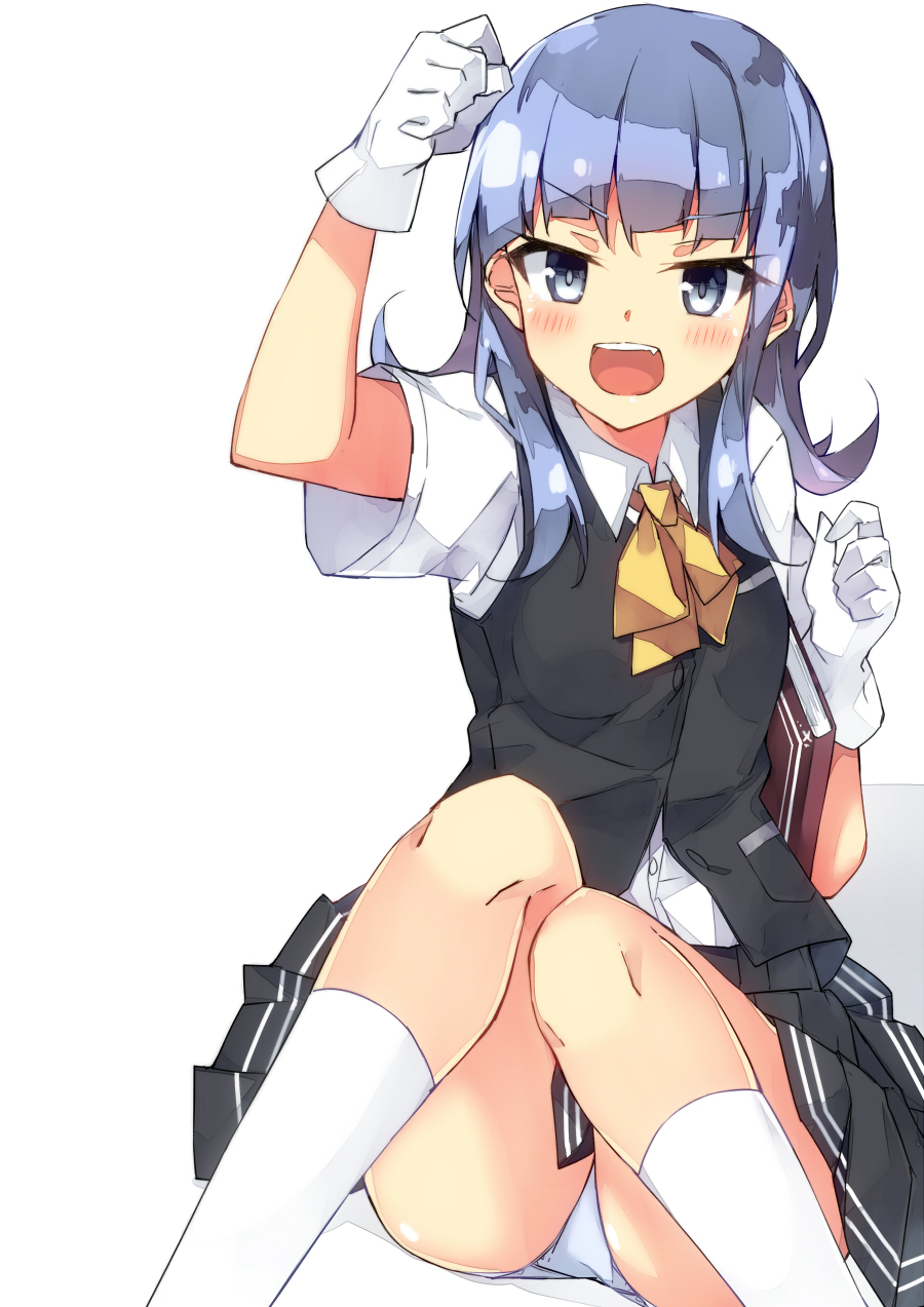 1girl arm_up bangs beritabo black_skirt black_vest blue_eyes blue_hair blush book bow collared_shirt dress_shirt eyebrows_visible_through_hair feet_out_of_frame gloves hatsukaze_(kancolle) highres kantai_collection knees_together_feet_apart knees_up long_hair open_mouth panties pleated_skirt shirt short_sleeves skirt socks solo underwear upper_teeth v-shaped_eyebrows vest white_background white_gloves white_legwear white_panties white_shirt yellow_bow