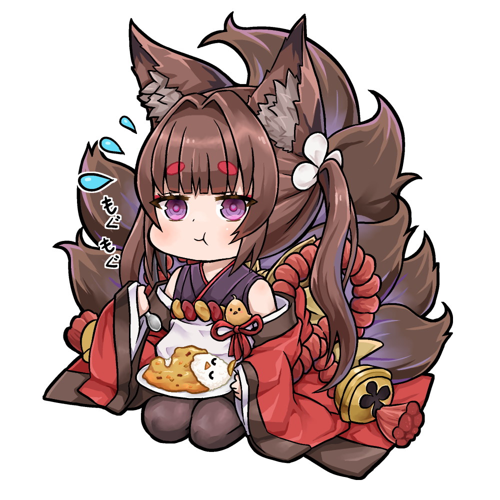 1girl :t amagi-chan_(azur_lane) animal_ears azur_lane bangs bell black_legwear blunt_bangs brown_hair chibi commentary_request curry curry_rice eating eyebrows_visible_through_hair flying_sweatdrops food fox_ears fox_girl fox_tail hair_ribbon holding holding_spoon kyuubi long_hair looking_at_viewer manjuu_(azur_lane) multiple_tails off-shoulder_kimono off_shoulder plate ribbon rice rope sassa_(onion) seiza shimenawa sidelocks simple_background sitting solo spoon tail thick_eyebrows translation_request twintails violet_eyes white_background wide_sleeves