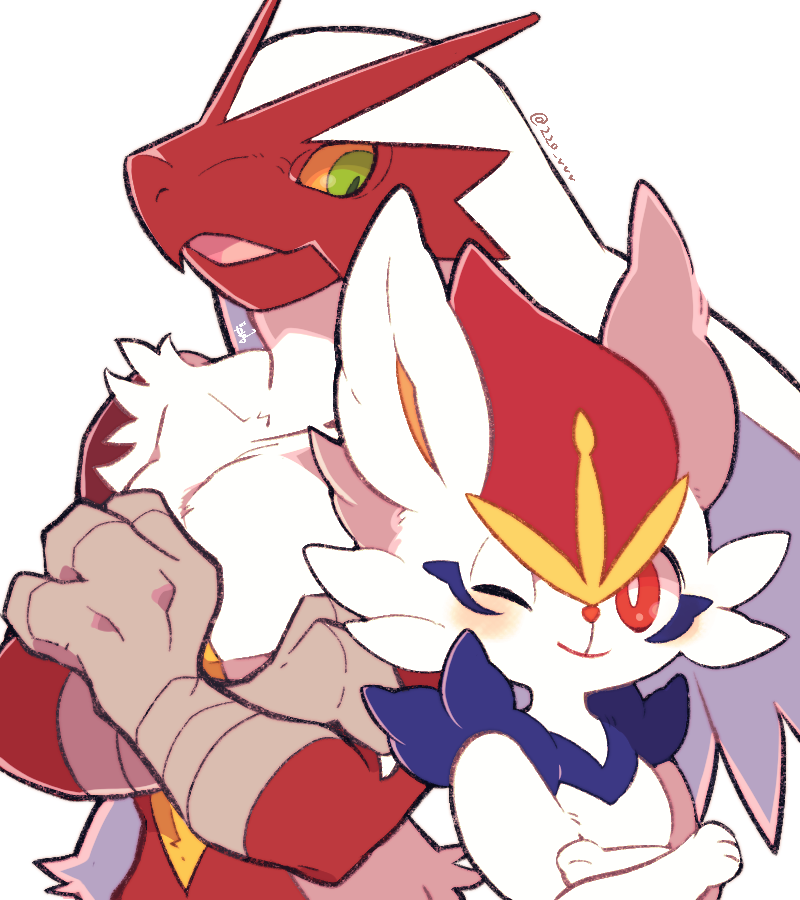 1boy 1girl alternate_eye_color animal_ears animal_nose artist_name beak bird_boy blaziken blue_fur blush body_fur cinderace collarbone colored_sclera commentary crossed_arms flat_chest furry gacho_(220_vvv) gen_3_pokemon gen_8_pokemon green_eyes long_hair looking_at_another looking_at_viewer looking_down looking_to_the_side one_eye_closed open_mouth paws pectorals pokemon pokemon_(creature) rabbit_ears rabbit_girl red_eyes red_fur redhead short_hair signature simple_background standing symbol_commentary toned toned_male upper_body white_background white_fur white_hair yellow_fur yellow_sclera