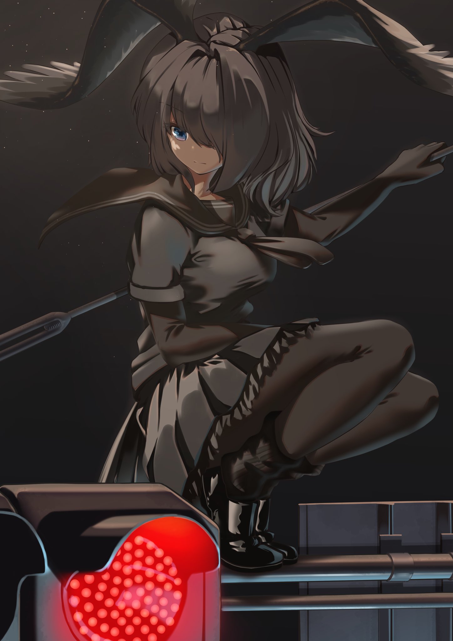 1girl 910m27r arm_rest bangs bird_tail bird_wings black_footwear black_hair black_shirt black_skirt blue_eyes bodystocking closed_mouth collared_shirt expressionless full_body grabbing hair_intakes hair_over_one_eye hand_up head_wings highres jungle_crow_(kemono_friends) kemono_friends kemono_friends_3 long_sleeves looking_down medium_hair miniskirt night outdoors pleated_skirt sailor_collar shirt shoes short_over_long_sleeves short_sleeves skirt sky socks solo squatting star_(sky) starry_sky tail traffic_light wind wings