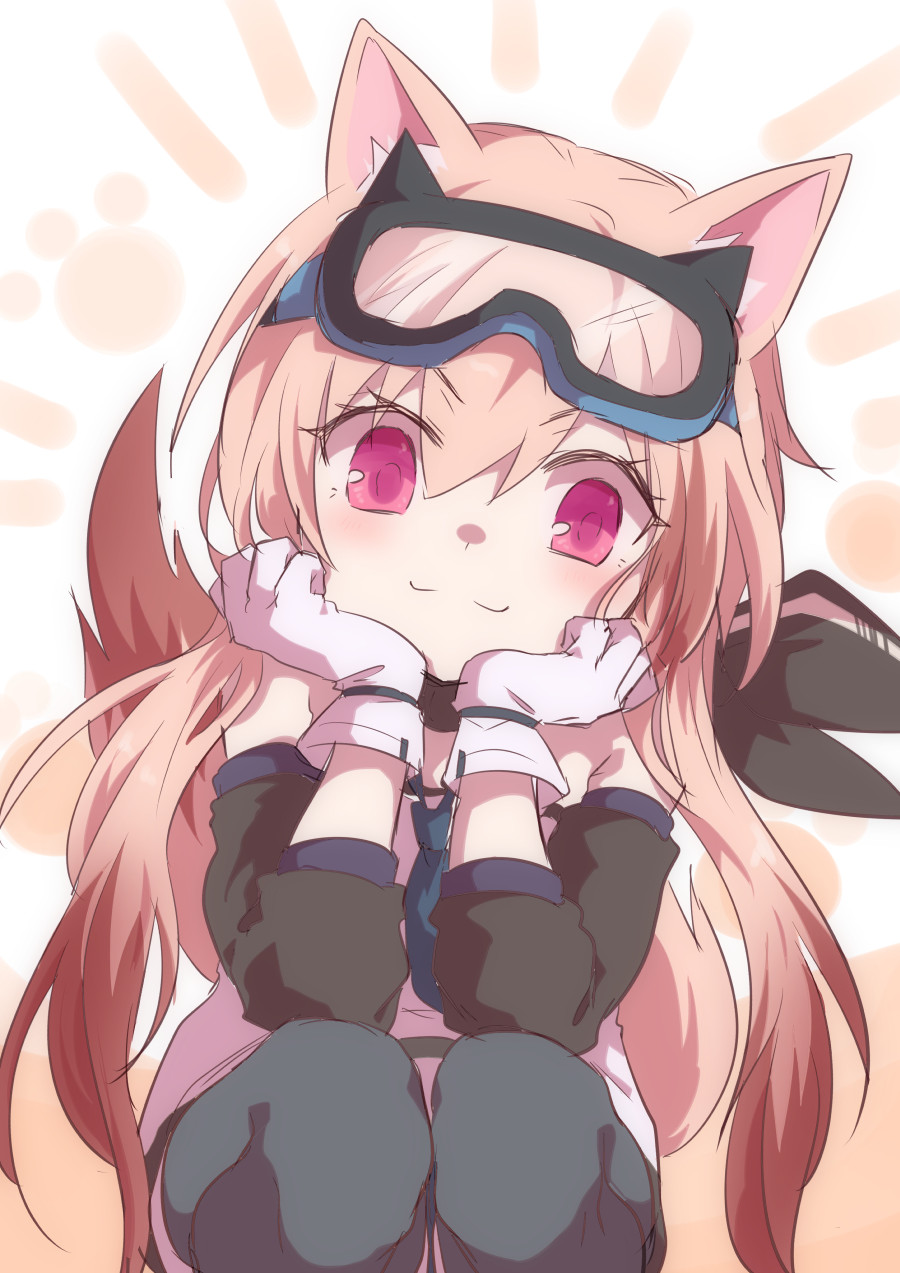 1girl :3 animal_ears arknights black_legwear black_sleeves brown_hair cardigan_(arknights) dog_ears dog_girl dog_tail feet_out_of_frame gloves goggles goggles_on_head hair_between_eyes head_rest head_tilt highres kuro_yuri_(7602201) multicolored_hair pink_eyes pink_hair shirt squatting tail white_gloves white_shirt