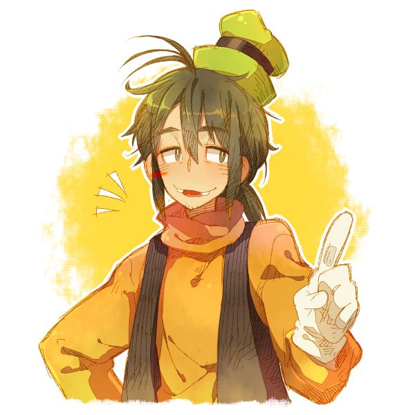 1boy black_hair disney eyes gijinka gloves goofy green_hat human humanization male_focus mickey_mouse_(series) orange_shirt personification