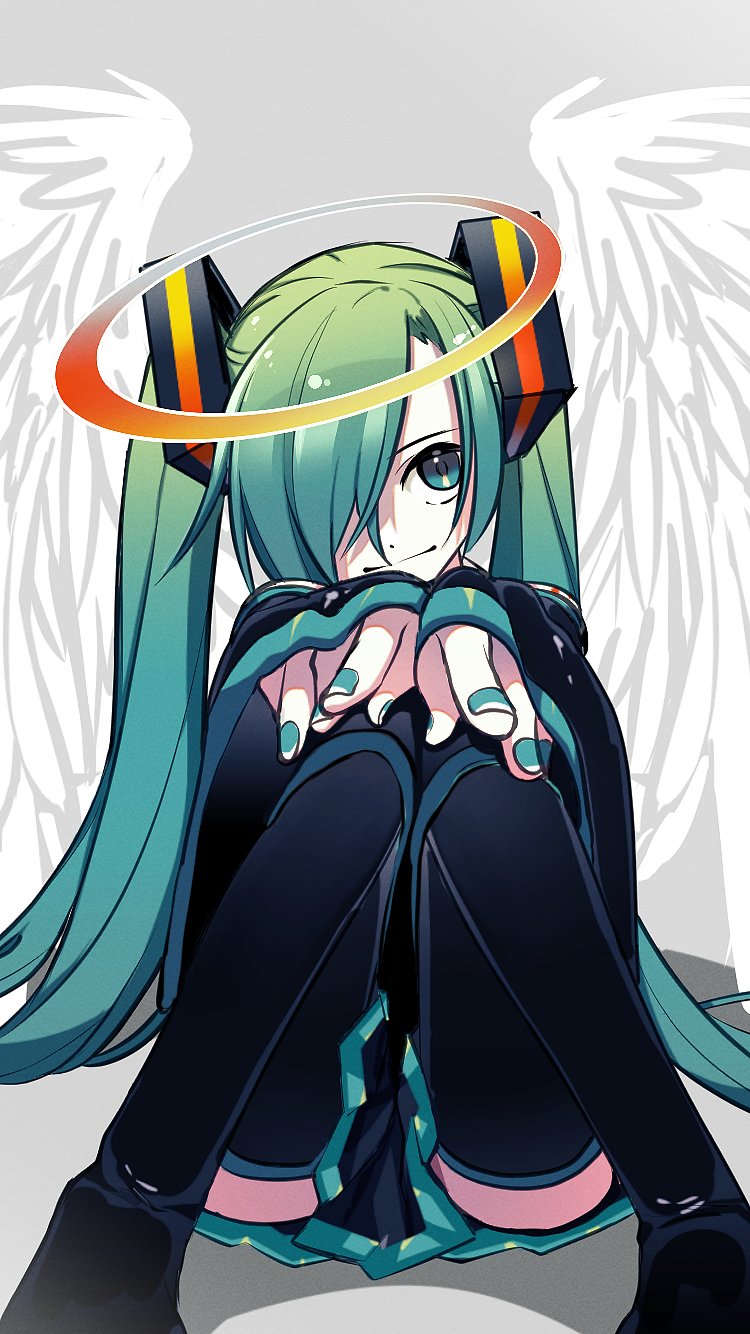 1girl angel_wings aqua_eyes aqua_hair aqua_nails bare_shoulders black_legwear black_skirt black_sleeves commentary detached_sleeves feathered_wings foreshortening grey_background hair_ornament hair_over_one_eye halo hatsune_miku highres knees_up long_hair looking_at_viewer miniskirt nail_polish one_eye_covered outstretched_arms pleated_skirt shoulder_tattoo sideways_glance sitting skirt smile solo tattoo thigh-highs twintails very_long_hair vocaloid wallpaper wide_sleeves wings wokichi zettai_ryouiki