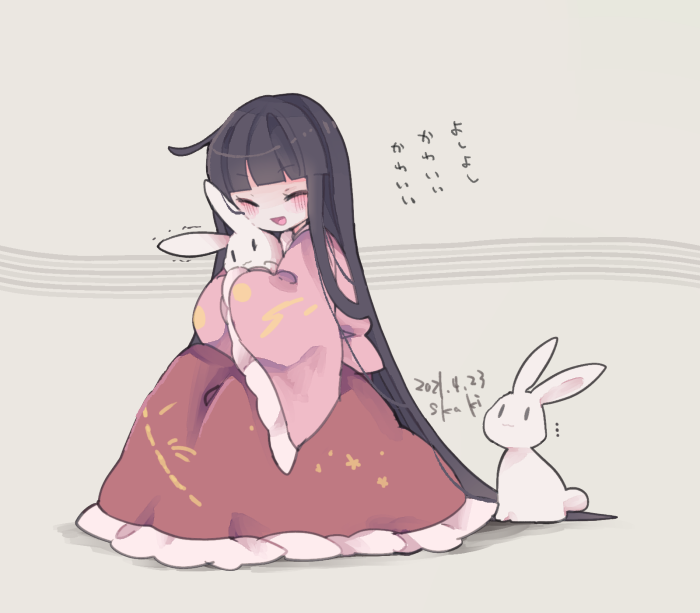 1girl artist_name bangs black_hair blunt_bangs blush chibi closed_eyes commentary_request cosmicmind dated grey_background hime_cut houraisan_kaguya hug long_hair long_skirt long_sleeves open_mouth pink_shirt rabbit red_skirt shirt skirt smile solo touhou translation_request wide_sleeves