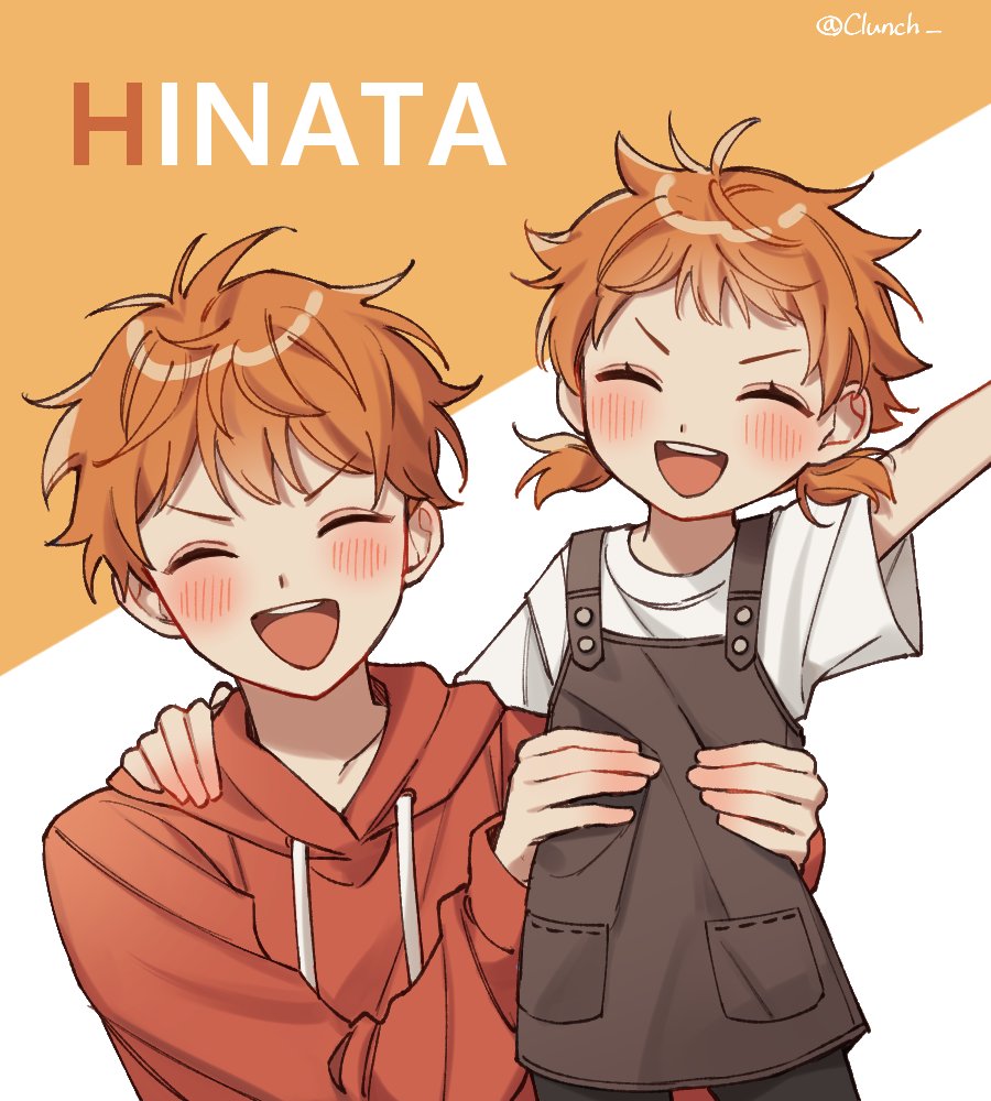 1boy 1girl ^_^ ^o^ age_difference arm_up artist_name blush brother_and_sister character_name closed_eyes clunch haikyuu!! happy hinata_natsu hinata_shouyou hood hoodie lifting_person low_twintails orange_hair orange_hoodie overalls shirt short_hair short_sleeves siblings standing twintails two-tone_background upper_body white_shirt