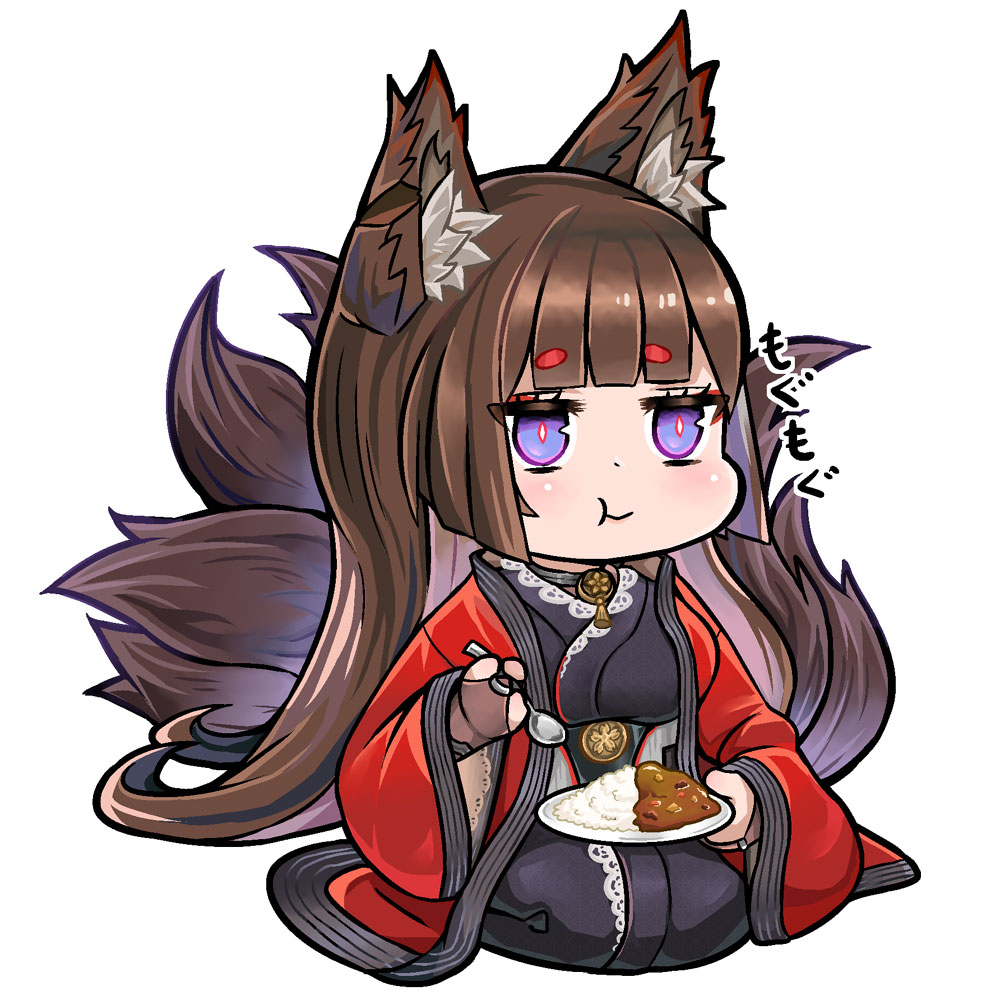 1girl :t amagi_(azur_lane) animal_ears azur_lane bangs blunt_bangs brown_gloves brown_hair commentary_request curry curry_rice eating eyebrows_visible_through_hair eyeshadow fingerless_gloves food fox_ears fox_girl fox_tail gloves holding holding_spoon japanese_clothes kyuubi long_hair looking_at_viewer makeup multiple_tails plate rice sassa_(onion) seiza sidelocks simple_background sitting solo spoon tail thick_eyebrows translation_request violet_eyes white_background wide_sleeves
