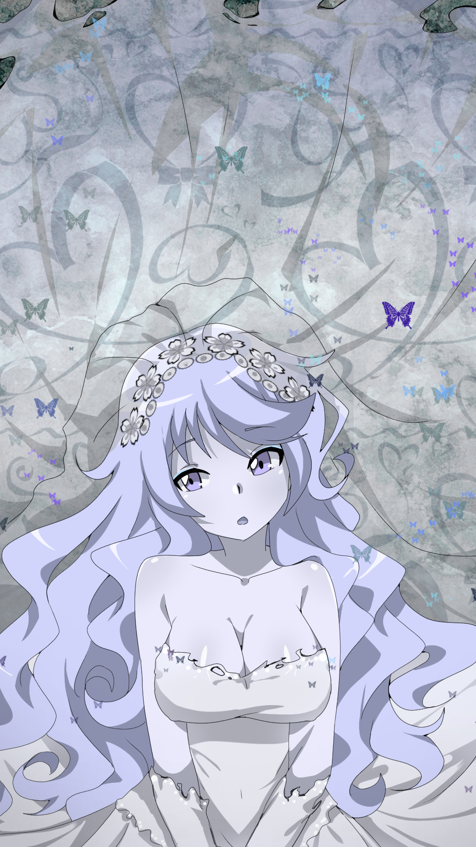 bare_shoulders beyblade beyblade:_burst blue_skin blush breasts bride bug butterfly chankyone colored_skin corpse_bride cosplay crossover dress emily_(corpse_bride) flower highres insect large_breasts nishiro_nya open_mouth source_request violet_eyes wavy_hair white_dress