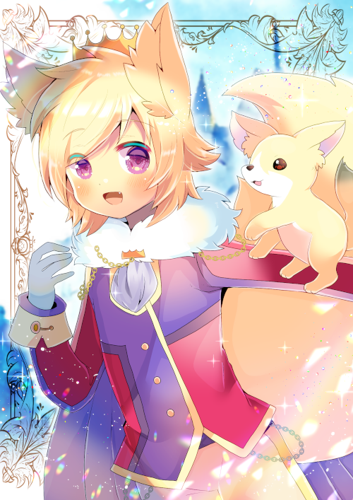 1boy :d animal animal_ear_fluff animal_ears bangs blonde_hair blush brown_pants commentary_request crown day eyebrows_visible_through_hair fang fox fox_boy fox_ears fox_tail gloves hand_up jacket kouu_hiyoyo looking_at_viewer male_focus open_mouth original pants purple_jacket red_eyes smile solo swept_bangs tail violet_eyes white_gloves