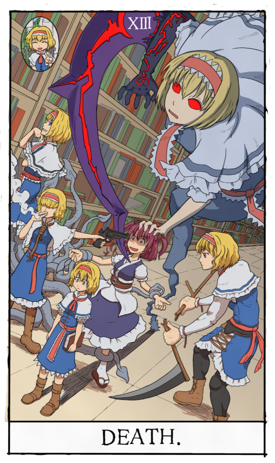 6+girls alice_margatroid at_gunpoint bangs blonde_hair blue_dress blue_eyes blue_kimono bois_de_justice book boots broken broken_weapon brown_footwear brown_sash capelet cigarette closed_mouth coin_on_string colored_sclera commentary_request cookie_(touhou) ddd_(nicoseiga51845241) death_(tarot) dies_irae dress eyebrows_visible_through_hair frilled_capelet frilled_hairband frilled_sash frills full_body geta hair_between_eyes hair_bobbles hair_ornament hair_over_eyes hairband hand_on_another's_head hinase_(cookie) holding holding_book holding_scythe ichigo_(cookie) japanese_clothes jigen_(cookie) kimono library looking_at_another multiple_girls muscular muscular_female no_pupils not_present obi onozuka_komachi open_mouth red_eyes red_hairband red_sash red_sclera redhead revolver role_reversal roman_numeral sakuranbou_(cookie) sash scythe shaded_face shadow shinza_bansho_series shishou_(cookie) short_hair smoke tabi taisa_(cookie) tarot tentacles touhou twintails upper_body v weapon white_capelet yellow_eyes