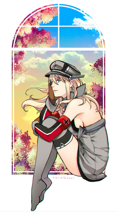 1girl autumn_leaves bangs bismarck_(kancolle) blonde_hair blue_eyes blue_sky blush breasts clouds commentary_request elbow_gloves gloves gradient_sky grey_legwear hair_between_eyes hat hiyoshi_hana iron_cross kantai_collection large_breasts long_hair military military_uniform no_shoes peaked_cap sitting sky sleeveless smile solo thigh-highs tree uniform white_background window yellow_sky