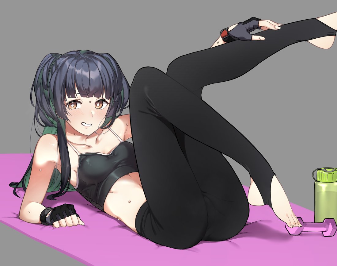 1girl arm_up bangs black_bra black_gloves black_hair blunt_bangs bra breasts bright_pupils brown_eyes clenched_teeth collarbone commentary_request dumbbell eyebrows_visible_through_hair fingerless_gloves gloves green_hair grey_background idolmaster idolmaster_shiny_colors k52 looking_at_viewer lying mayuzumi_fuyuko multicolored_hair on_back pants simple_background small_breasts solo sports_bra stirrup_legwear sweat teeth toeless_legwear two-tone_hair two_side_up underwear white_pupils yoga_pants