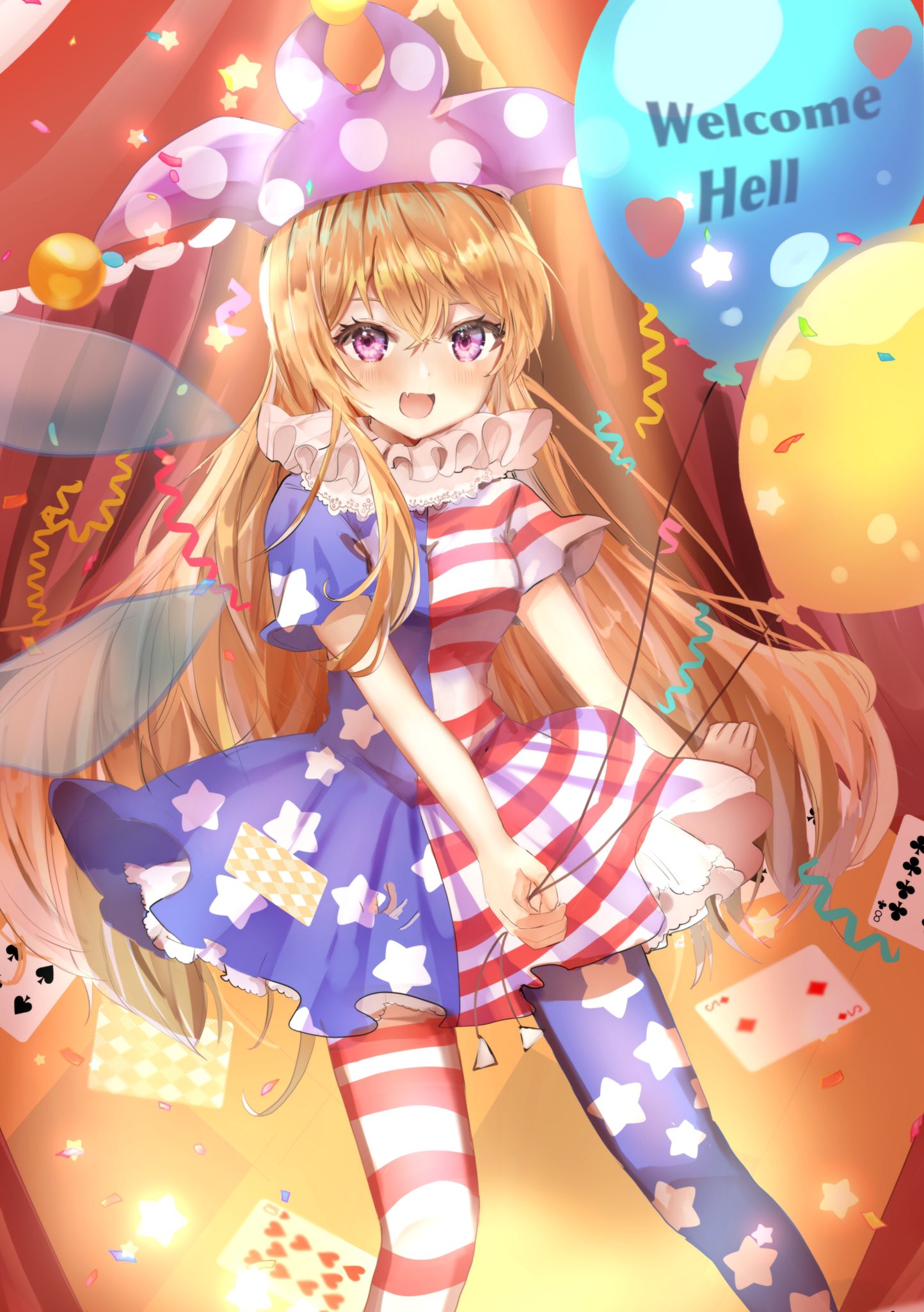 1girl :d american_flag_dress balloon bangs blonde_hair blush breasts card clownpiece club_(shape) diamond_(shape) english_text eyebrows_behind_hair fairy_wings fang feet_out_of_frame hair_between_eyes happy hat highres holding holding_balloon jester_cap long_hair looking_at_viewer maruro medium_breasts neck_ruff open_mouth pantyhose petticoat pink_eyes pink_headwear polka_dot short_sleeves skin_fang smile solo spade_(shape) standing star_(symbol) star_print touhou very_long_hair wings