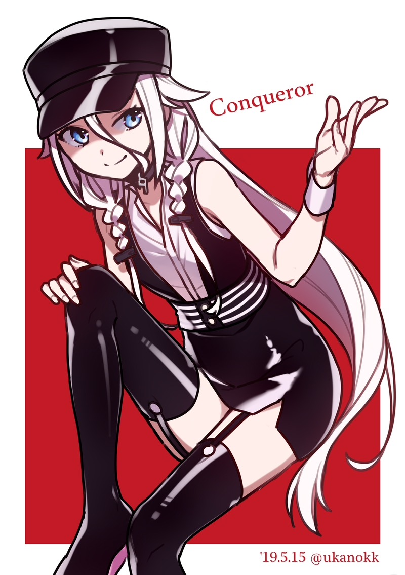 1girl ai_kusunoki black_dress black_headwear black_legwear blue_eyes cevio commentary conqueror_(cevio) dated dress garter_straps hair_flaps hand_on_own_knee hand_up ia_(vocaloid) knee_up latex latex_legwear latex_top long_hair pink_hair red_background shiny shiny_clothes side_braids sideways_glance sitting smile solo song_name thigh-highs twitter_username very_long_hair vocaloid wrist_cuffs