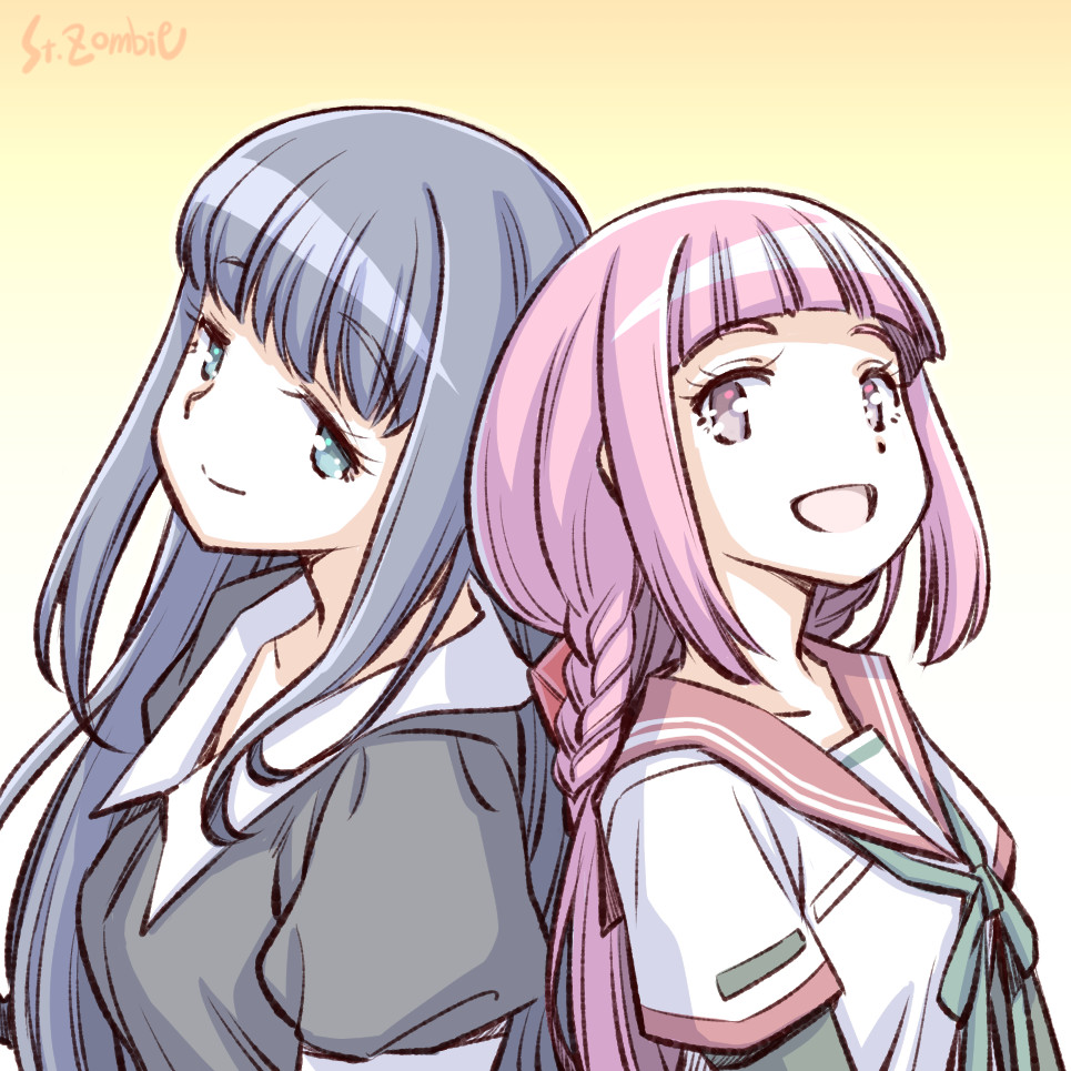 2girls :d artist_name back-to-back blue_hair braid long_hair low_ponytail magia_record:_mahou_shoujo_madoka_magica_gaiden mahou_shoujo_madoka_magica multiple_girls nanami_yachiyo open_mouth pink_hair school_uniform serafuku smile studiozombie tamaki_iroha yuri