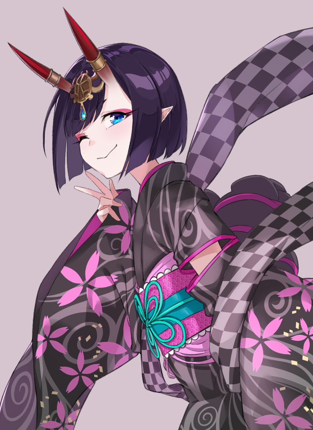 1girl bangs black_kimono bob_cut breasts coffeekite eyeliner fate/grand_order fate_(series) floral_print headpiece highres horn_ornament horn_ring horns japanese_clothes kimono long_sleeves looking_at_viewer lostroom_outfit_(fate) makeup obi one_eye_closed oni oni_horns purple_hair sash short_hair shuten_douji_(fate) skin-covered_horns small_breasts smile v violet_eyes wide_sleeves