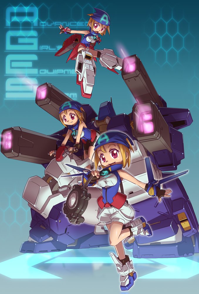 3girls black_gloves blue_bandana breasts fingerless_gloves gloves gundam gundam_age gundam_age-3 gundam_age-3_fortress gundam_age-3_laguna hair_behind_ear king_of_unlucky leaning_forward mecha_musume medium_breasts multiple_girls open_hands personification red_eyes short_hair v-shaped_eyebrows