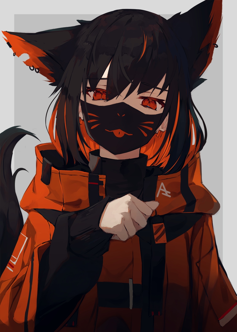 1girl animal_ears bangs black_hair colored_inner_hair earrings extra_ears eyebrows_visible_through_hair fox_ears fox_tail hair_between_eyes high_collar highres jacket jewelry looking_at_viewer mask mouth_mask multicolored_hair nagishiro_mito original paw_pose short_hair simple_background solo tail two-tone_background upper_body