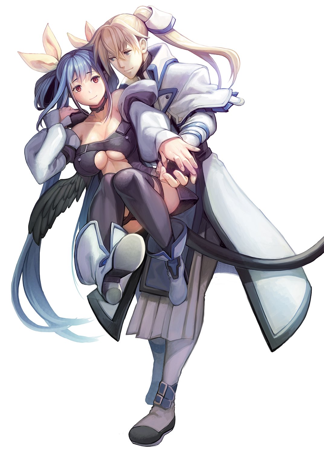 1boy 1girl blonde_hair blue_eyes blue_hair breasts choker couple dizzy_(guilty_gear) duplicate fingerless_gloves gloves guilty_gear guilty_gear_x guilty_gear_xx hetero highres holding_hands husband_and_wife ky_kiske large_breasts long_hair ookami_ryousuke ponytail red_eyes ribbon tail thigh-highs twintails under_boob wings yellow_ribbon